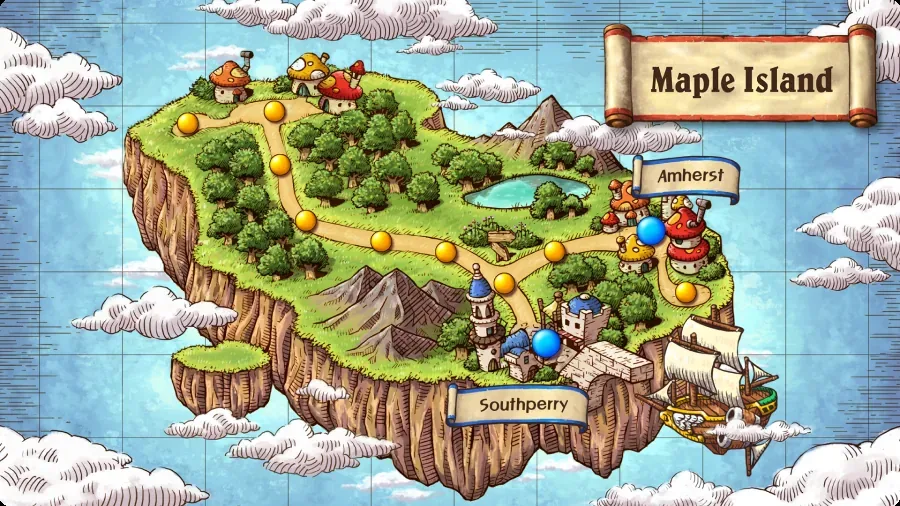 The illustrated Maple Island map, with Amherst, Southperry, winding paths, and mushroom houses